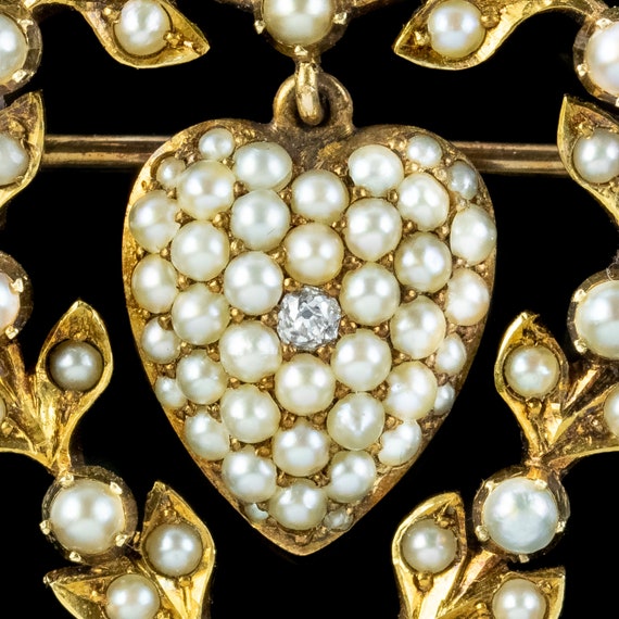 Antique Victorian Pearl Diamond Heart Brooch 15ct… - image 3