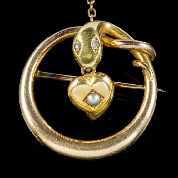 Antique Victorian Snake Brooch Diamond Eyes Pearl… - image 2