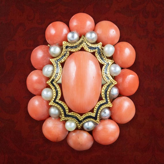 Antique Victorian Coral Pearl Cluster Ring