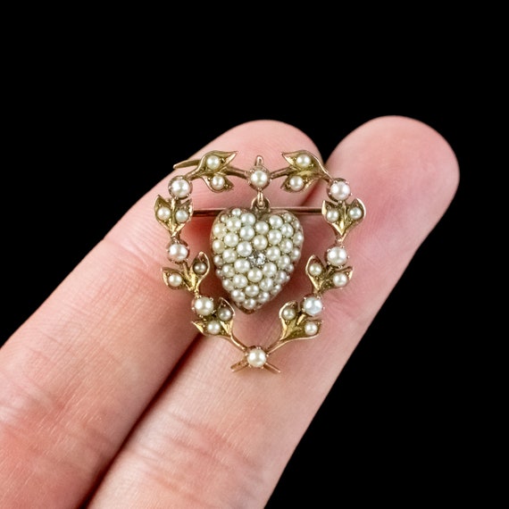 Antique Victorian Pearl Diamond Heart Brooch 15ct… - image 6