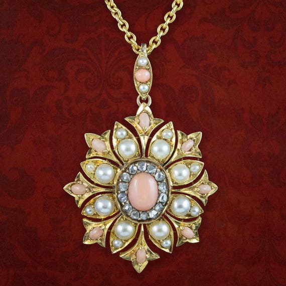 Antique Victorian Angel Skin Coral Diamond Pearl Flower Pendant Necklace