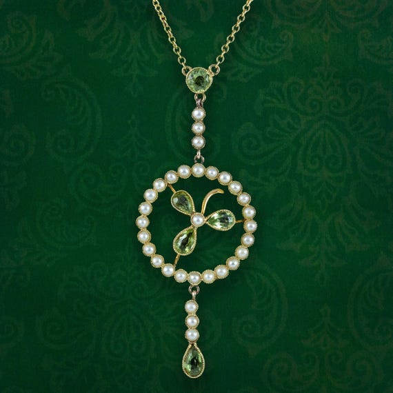 Antique Victorian Shamrock Peridot Pearl Lavaliere Necklace 15ct Gold