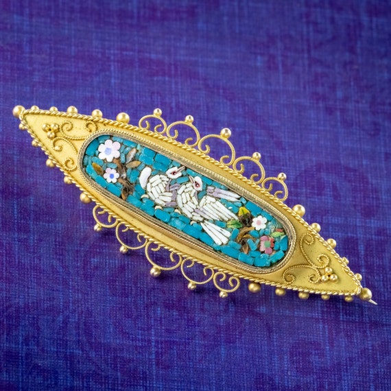 Antique Victorian Etruscan Micro Mosaic Dove Brooch 15ct Gold