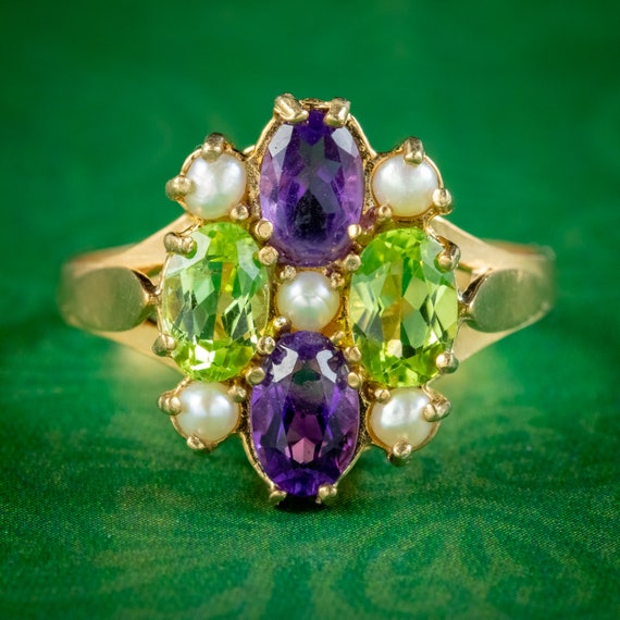 Edwardian Suffragette Style Cluster Ring Peridot Amethyst Pearl