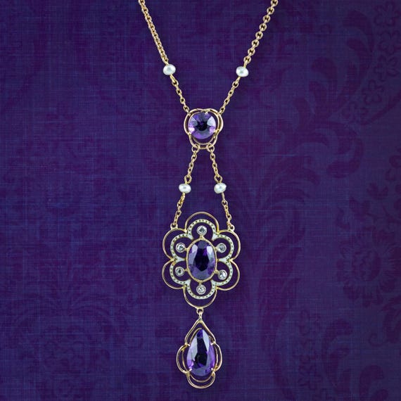 Antique Victorian Amethyst Diamond Pearl Lavaliere Necklace 15ct Gold