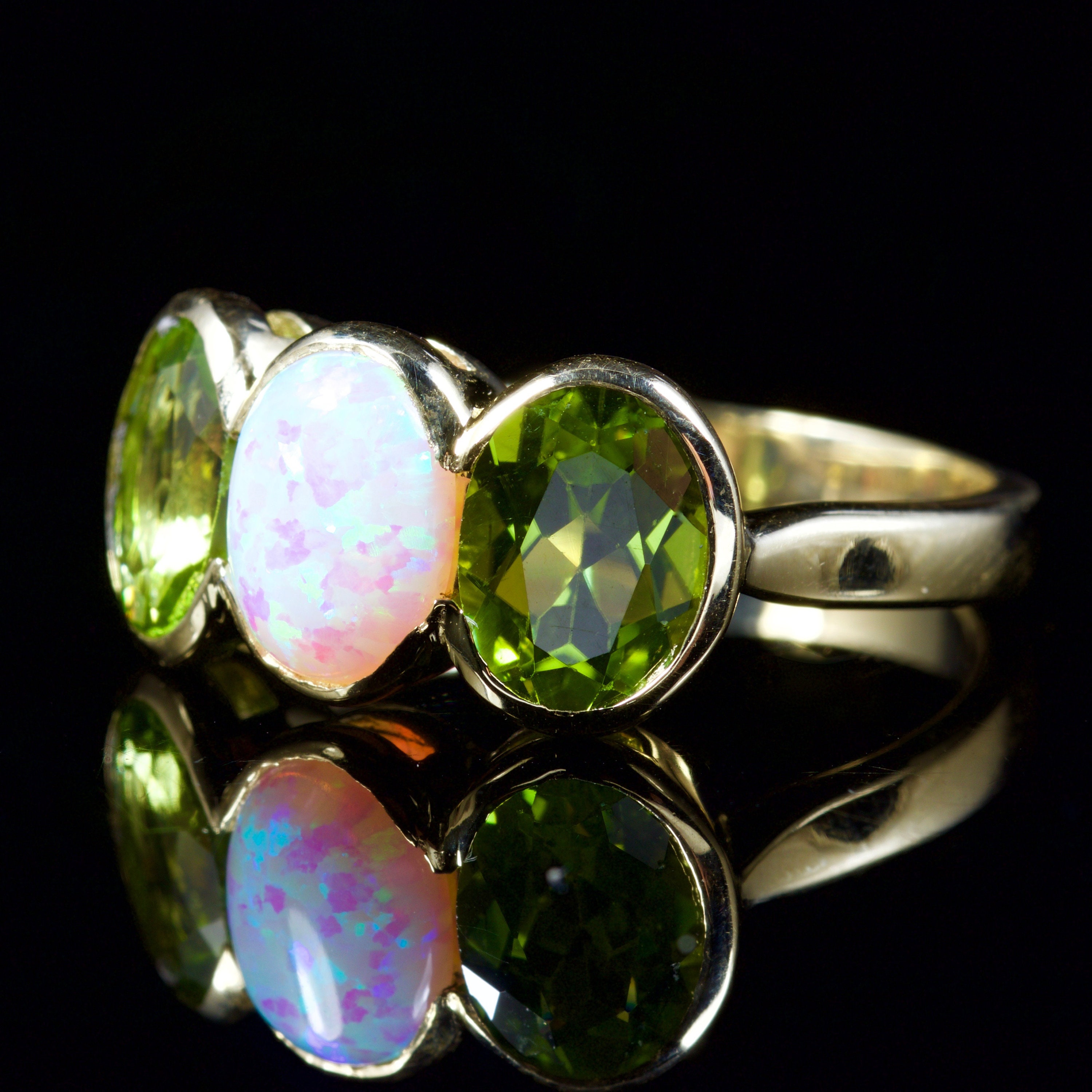 Peridot Opal Trilogy Ring 9ct Gold Ring