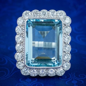 Anillo de cóctel con diamantes aguamarina estilo art déco de 16 quilates