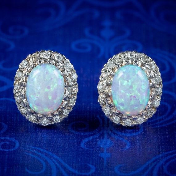Opal Diamond Earrings 9ct Gold Large Opal