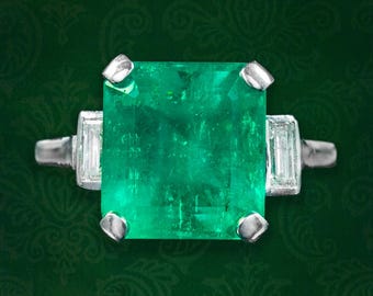 Art Deco Emerald Diamond Trilogy Ring 7.24ct Colombian Emerald With Cert