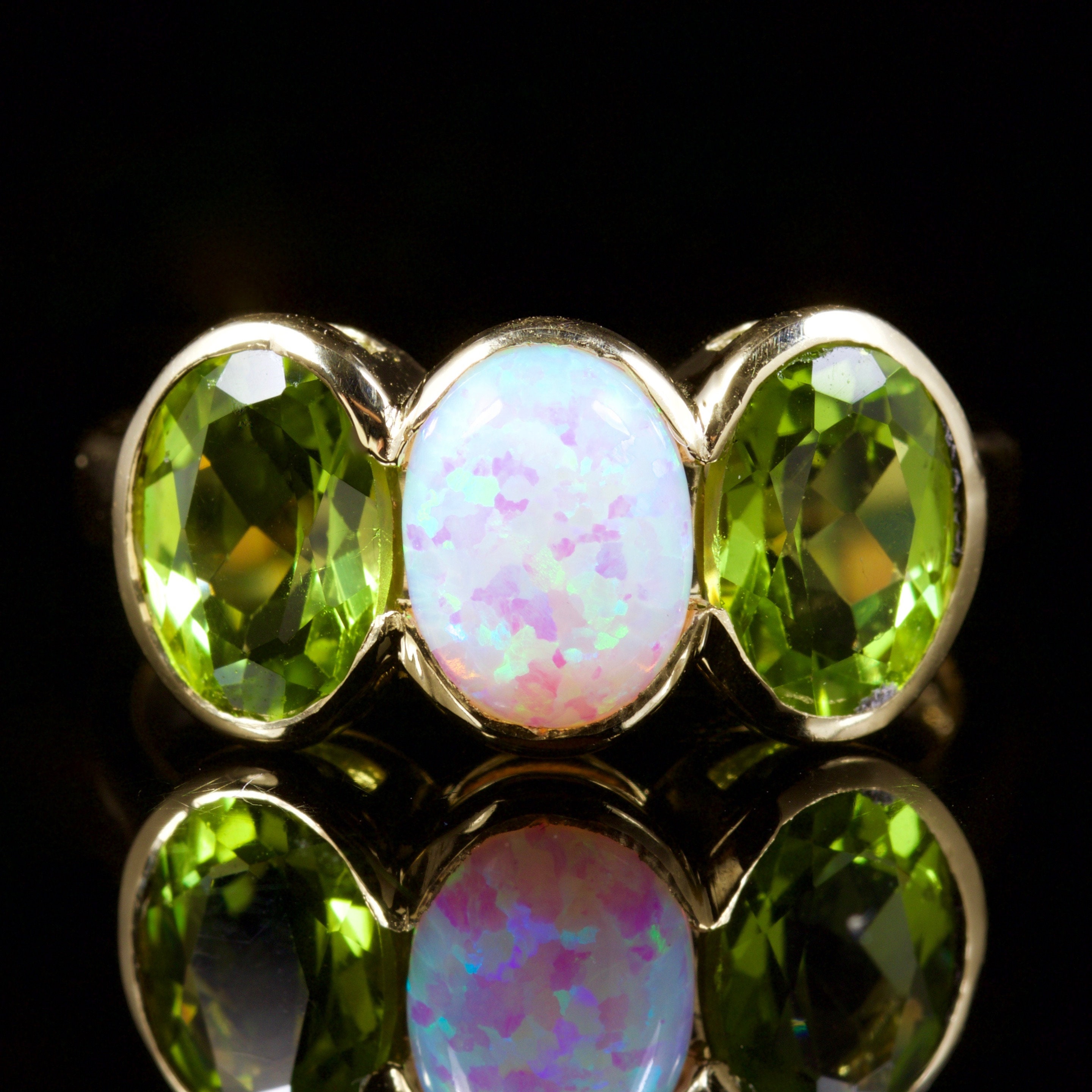 Peridot Opal Trilogy Ring 9ct Gold Ring