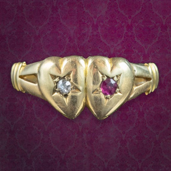 Antique Edwardian Ruby Diamond Entwined Heart Ring Dated 1902