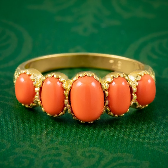 Coral Five Stone Ring 9ct Gold On Silver
