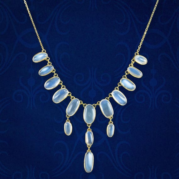 Antique Victorian Moonstone Fringe Necklace Silver 18ct Gold Cased