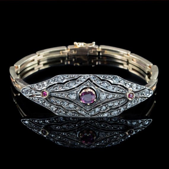Antique Victorian Ruby Diamond Cluster Bracelet S… - image 2