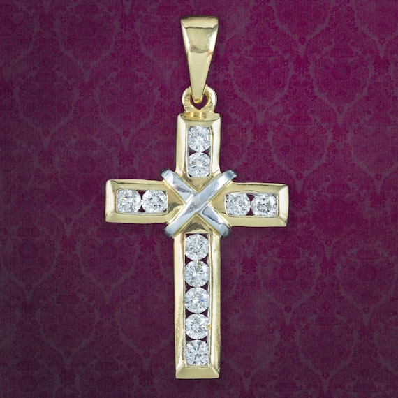 Vintage Diamond Cross Pendant 18ct Gold 0.88ct Total