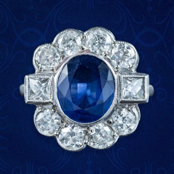 Art Deco Style Sapphire Diamond Cluster Ring 2.80ct Sapphire