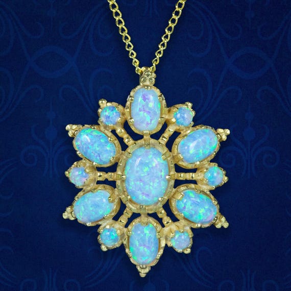 Victorian Style Opal Cluster Pendant Necklace Silver 18ct Gold Gilt