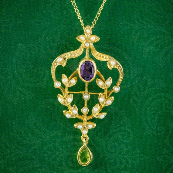 Suffragette Style Pendant Necklace Amethyst Pearl Peridot