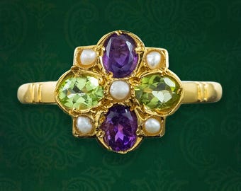 Edwardian Style Suffragette Cluster Ring Pearl Peridot Amethyst