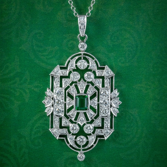 Art Deco Style Emerald Diamond Pendant Necklace 18ct Gold 4ct Of Diamond