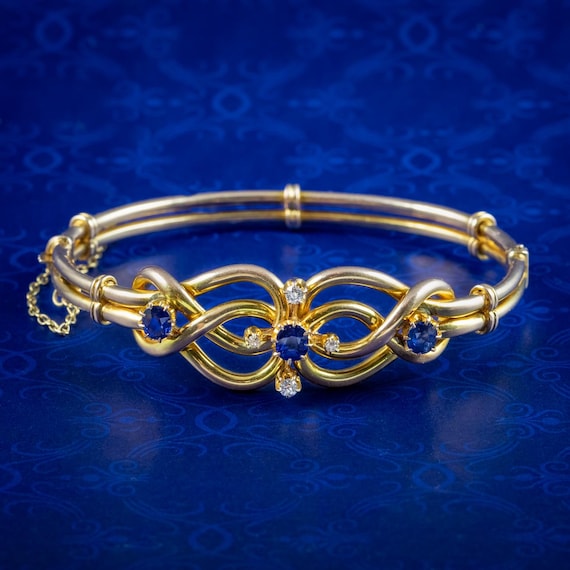 Antique Victorian Sapphire Diamond Love Knot Bangle 15ct Gold
