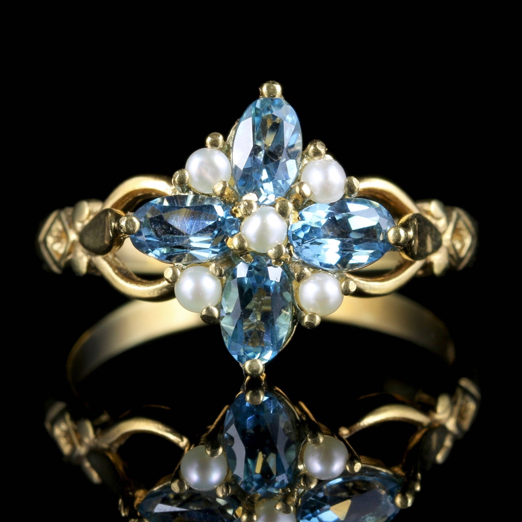 Blue Topaz and Pearl Ring 18ct Gold on Silver