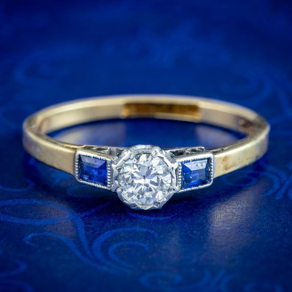 Antique Art Deco Diamond Sapphire Trilogy Ring 0.30ct Diamond