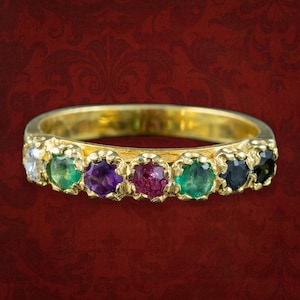 Anillo acróstico de estilo victoriano con la piedra preciosa más querida