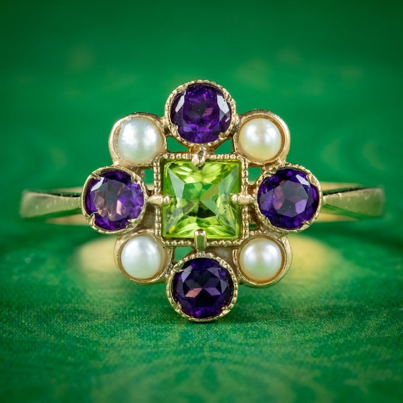 Edwardian Suffragette Style Cluster Ring Peridot Amethyst Pearl