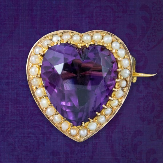 Antique Victorian Amethyst Pearl Heart Brooch 18ct Gold