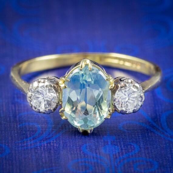 Edwardian Style Aquamarine Diamond Trilogy Ring 1.75ct Aqua