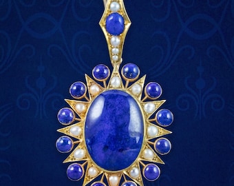Antique Victorian Lapis Lazuli Pearl Star Pendant 18ct Gold