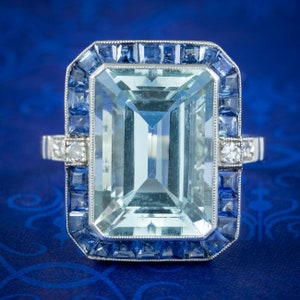 Anillo de cóctel de diamantes, zafiro y aguamarina estilo art déco, 7,29 quilates, aguamarina