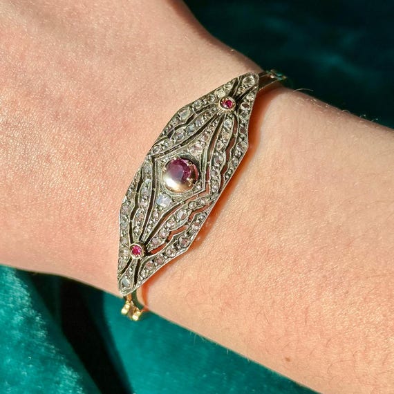 Antique Victorian Ruby Diamond Cluster Bracelet S… - image 6