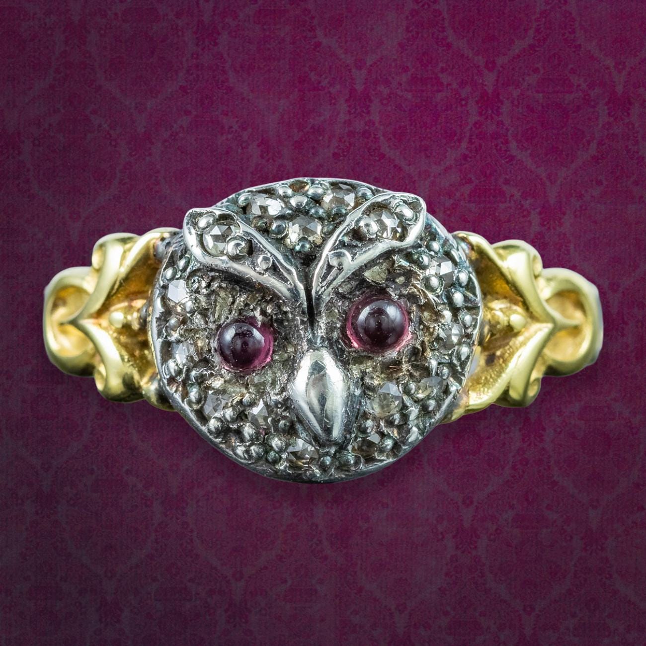 Victorian Style Diamond Owl Cluster Ring Garnet Eyes