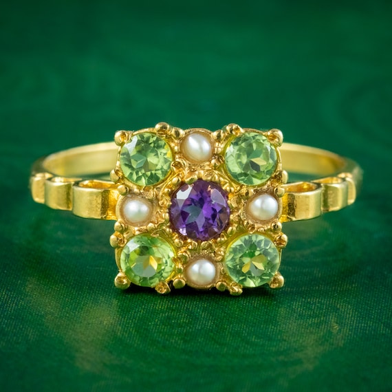 Suffragette Ring Amethyst Peridot Pearl 18ct Gold Silver