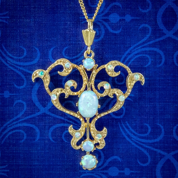 Edwardian Style Opal Pendant Necklace 18ct Gold On Silver