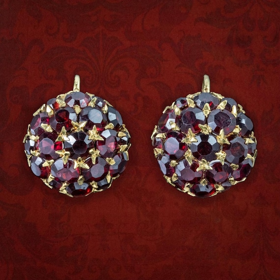 Vintage Garnet Cluster Earrings 18ct Gold