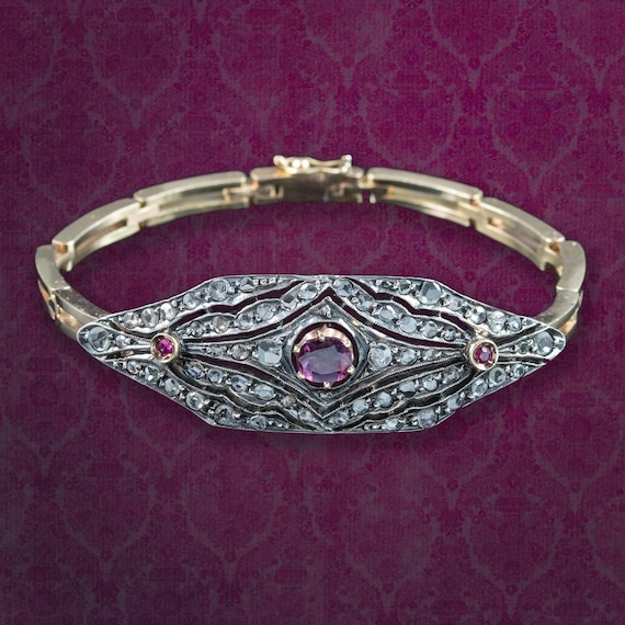 Antique Victorian Ruby Diamond Cluster Bracelet Silver 15ct Gold