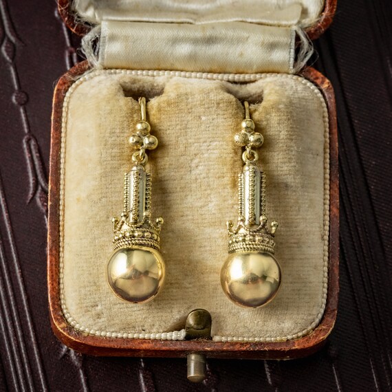 Antique Victorian Ball And Crown Drop Earrings 15… - image 5