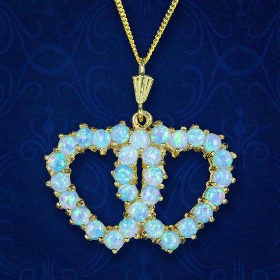 Victorian Style Opal Entwined Heart Pendant Necklace