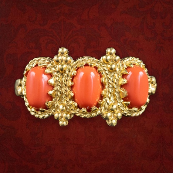 Victorian Style Etruscan Coral Trilogy Ring