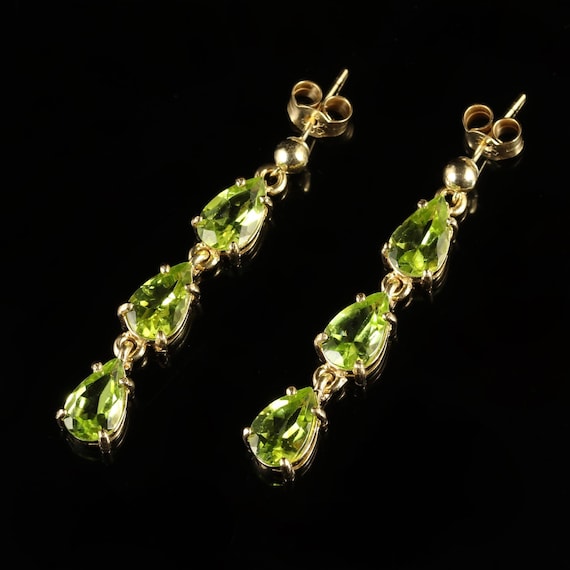 Peridot Long 9ct Gold Earrings Trilogy of Peridot