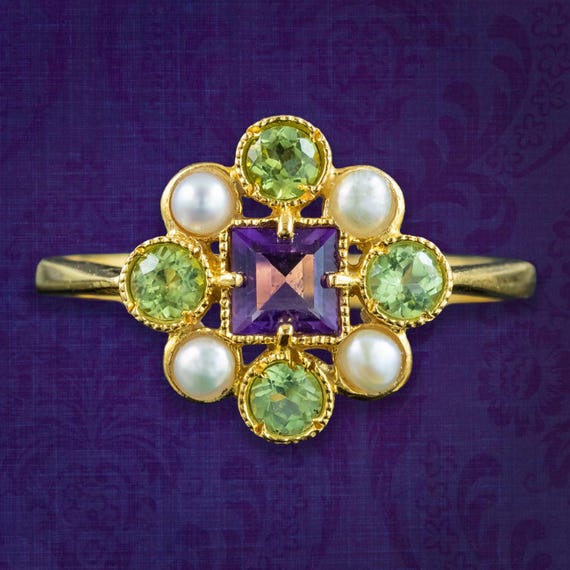 Edwardian Style Suffragette Cluster Ring Peridot Amethyst Pearl