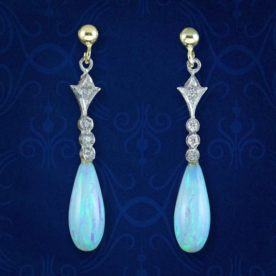 Edwardian Style Opal CZ Drop Earrings Silver 18ct Gold Gilt