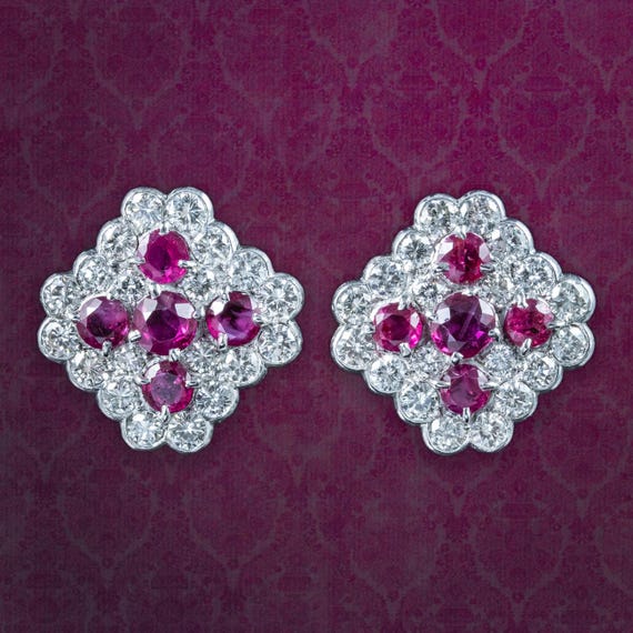 Art Deco Ruby Diamond Cluster Earrings 1.8ct Ruby 4ct Diamond