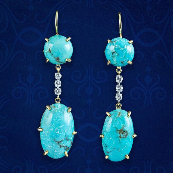 Antique Edwardian Turquoise Diamond Drop Earrings 18ct Gold