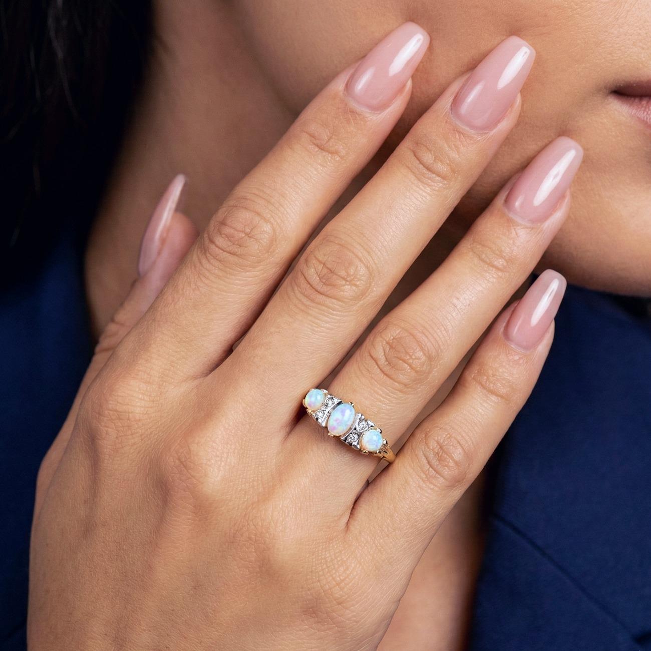 Bague En Argent 925 Avec Opale Naturelle Et Diamants - Style Victorien Ajustable, Taille 6.5, Carrée