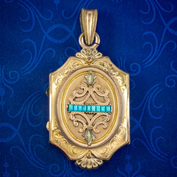 Antique Victorian Turquoise Mourning Locket Gold Gilt