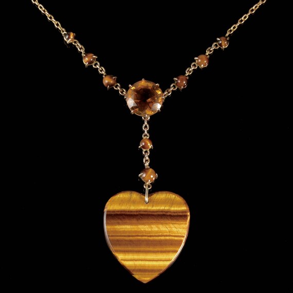 Antique Victorian Tigers Eye Heart Pendant Citrine
